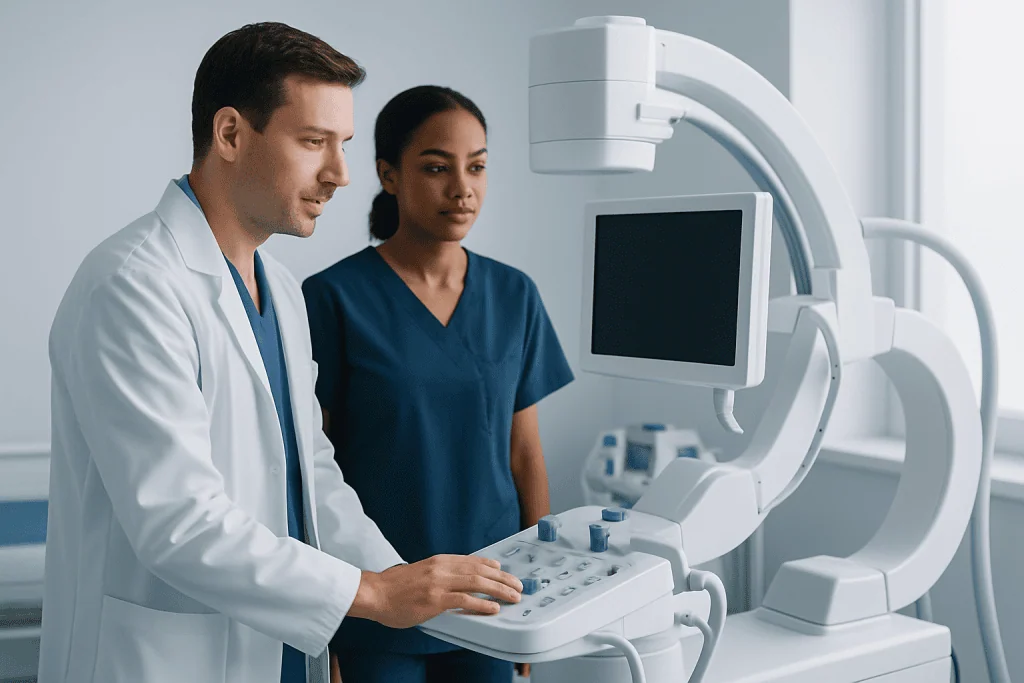 Medical professionals operating an ultrasound machine in a hospital setting.
