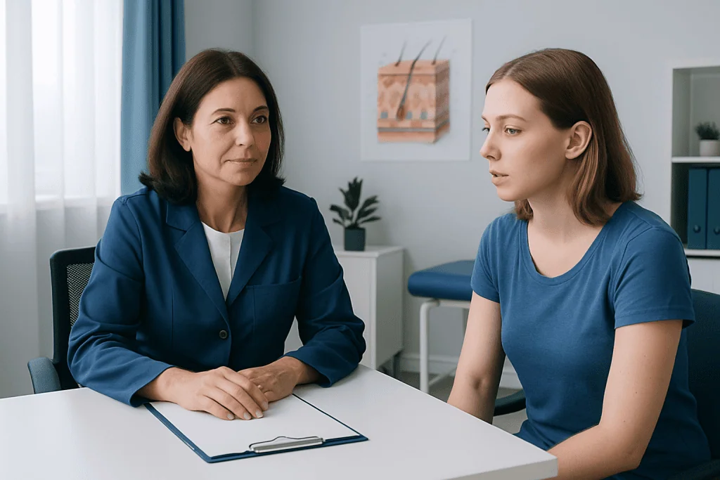 Dermatologist consulting with young woman about skin concerns in clinic.