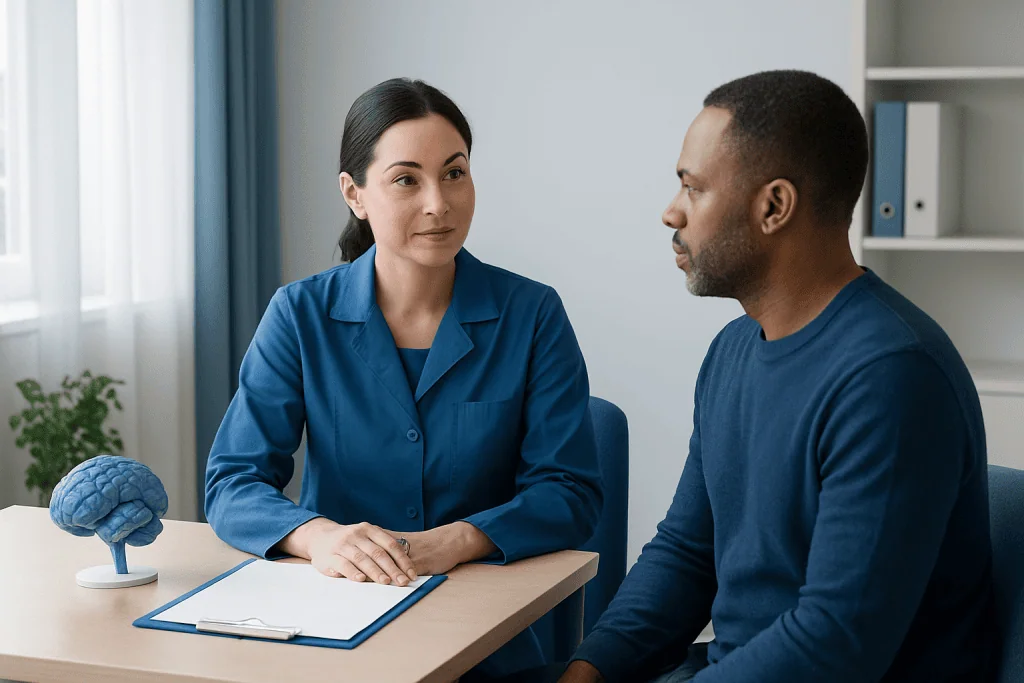 Neuropsychologist consulting with a patient in a clinical setting.