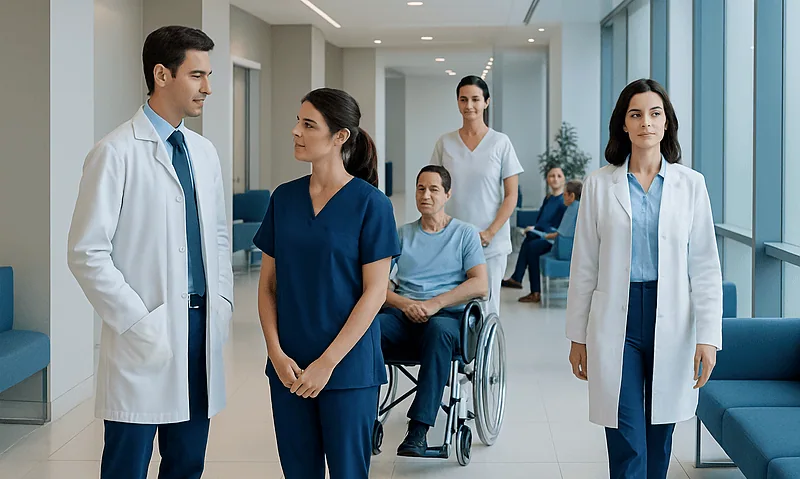 Healthcare professionals and patient in hospital corridor at Acibadem Hospitals Group.