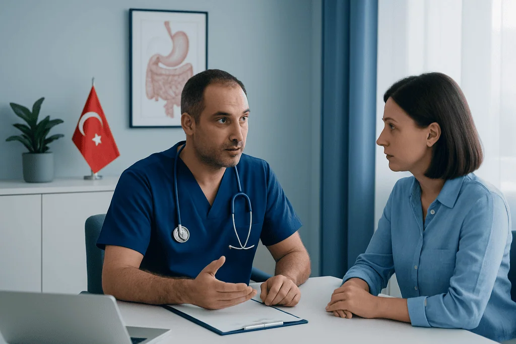 Doctor consulting with a female patient in a medical office in Turkey.