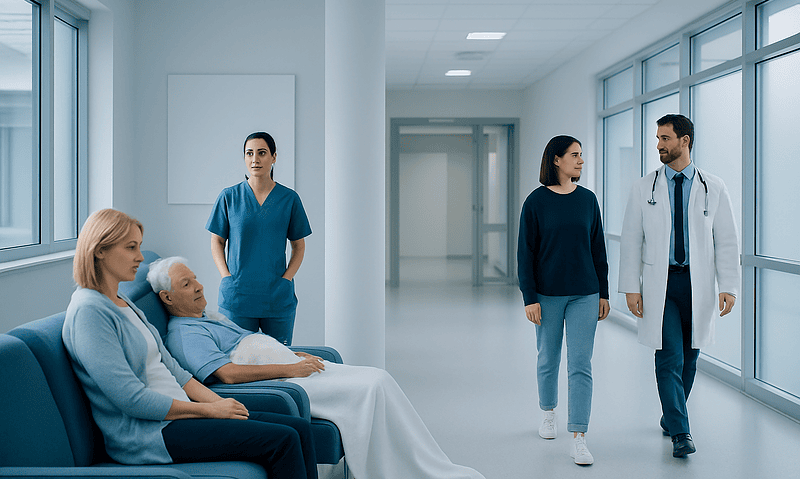 Hospital corridor with patients and medical staff in a modern Turkish hospital.