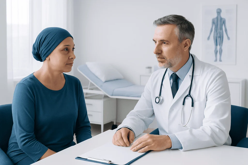 Oncologist consulting with a female patient in a medical office.