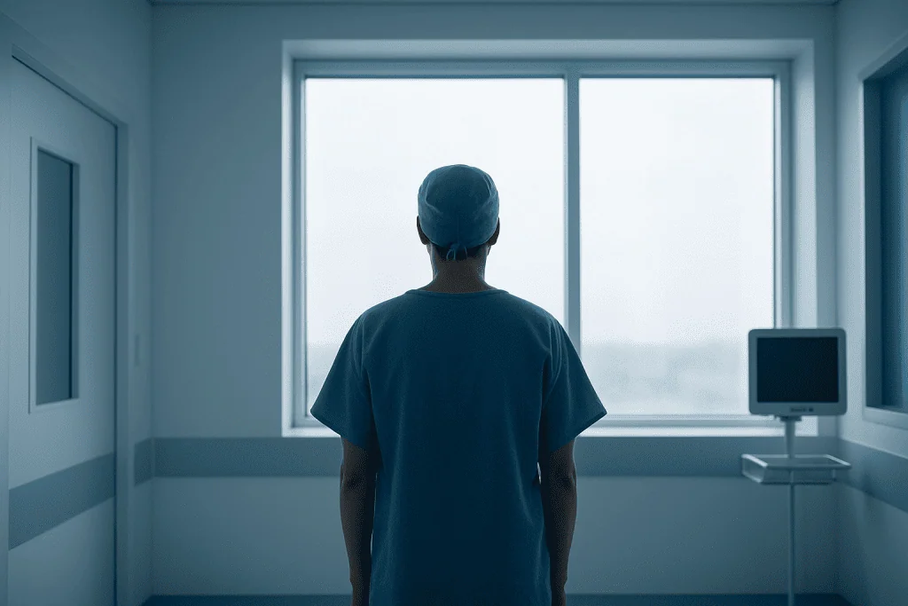 What Really Happens During Metabolic Health Testing for American Patients 1 Medical professional in scrubs looking out hospital window during testing.