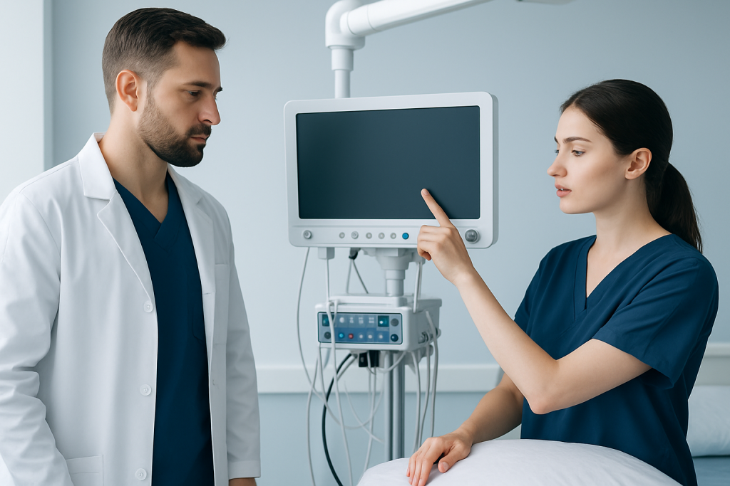 Medical professionals discussing patient care in a hospital room.