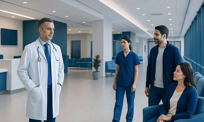 Medical consultation at Acibadem Hospital with doctor and patients in modern lobby.