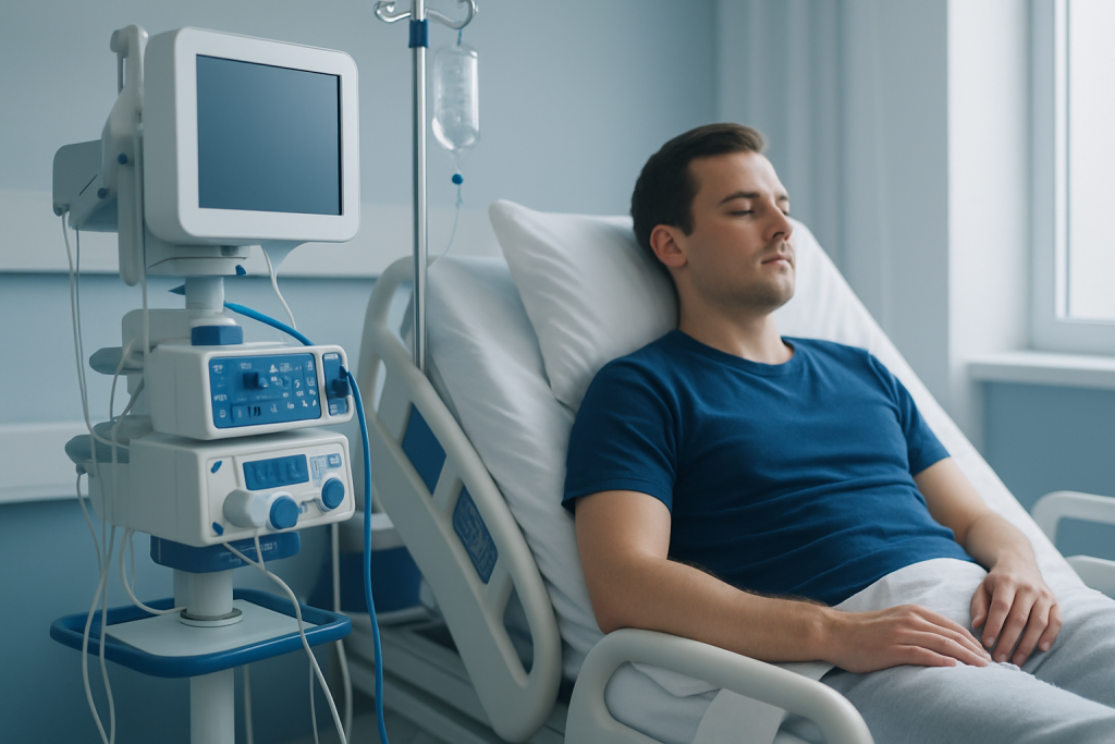 Young man resting in hospital bed with medical equipment nearby.