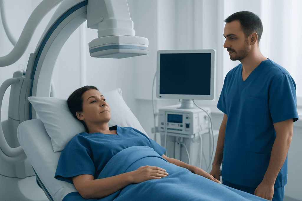 Patient undergoing cerebral aneurysm coiling procedure in hospital.