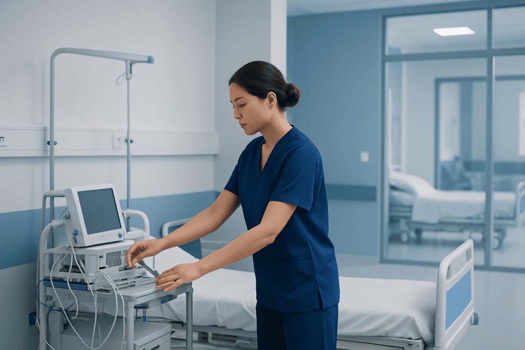 What Recovery Really Feels Like After Facelift Surgery with Safer Recovery Support 1 Nurse preparing medical equipment in a hospital room.