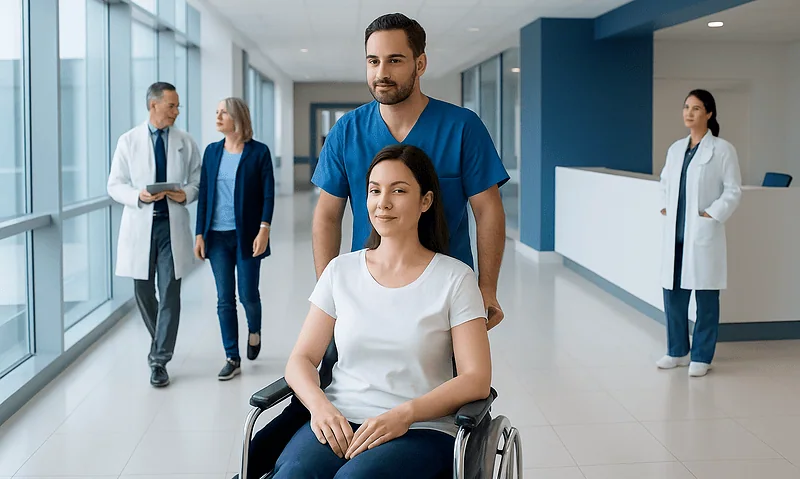 Hospital staff assisting a patient in a wheelchair in a modern medical facility.
