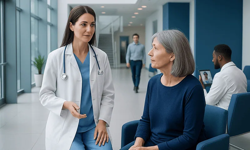 Doctor consulting with a senior female patient in hospital corridor.