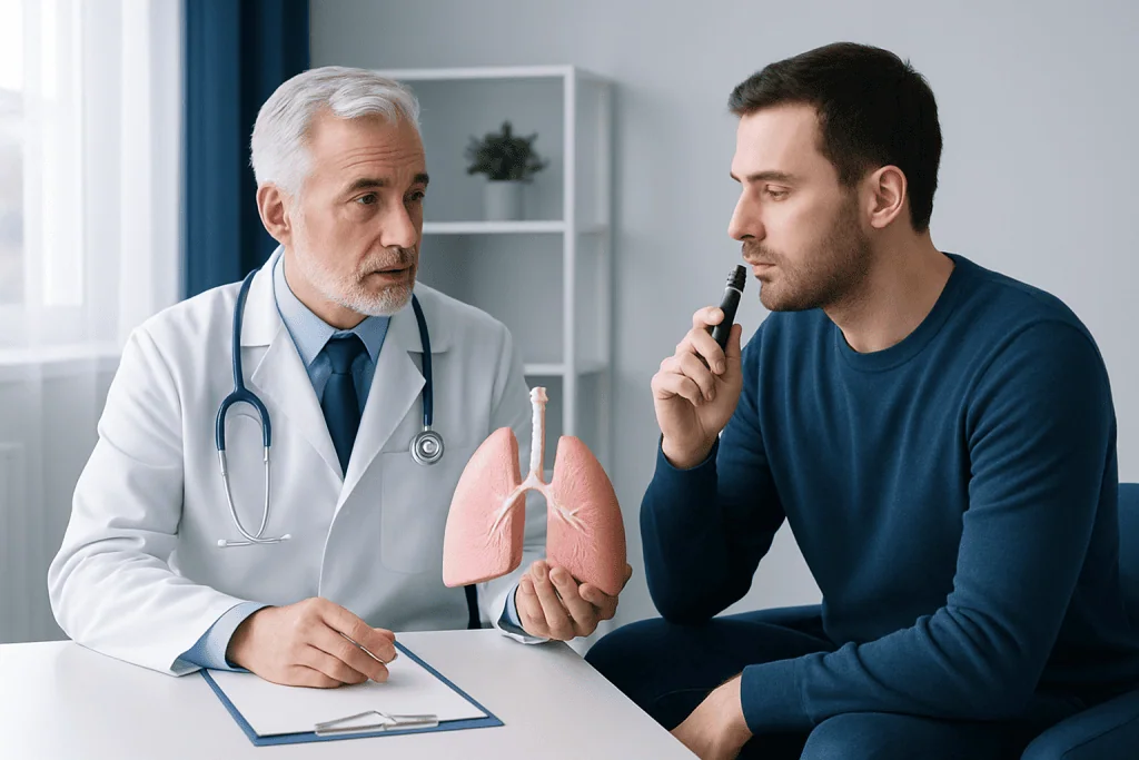 Doctor explaining lung health to a patient with a model of lungs.