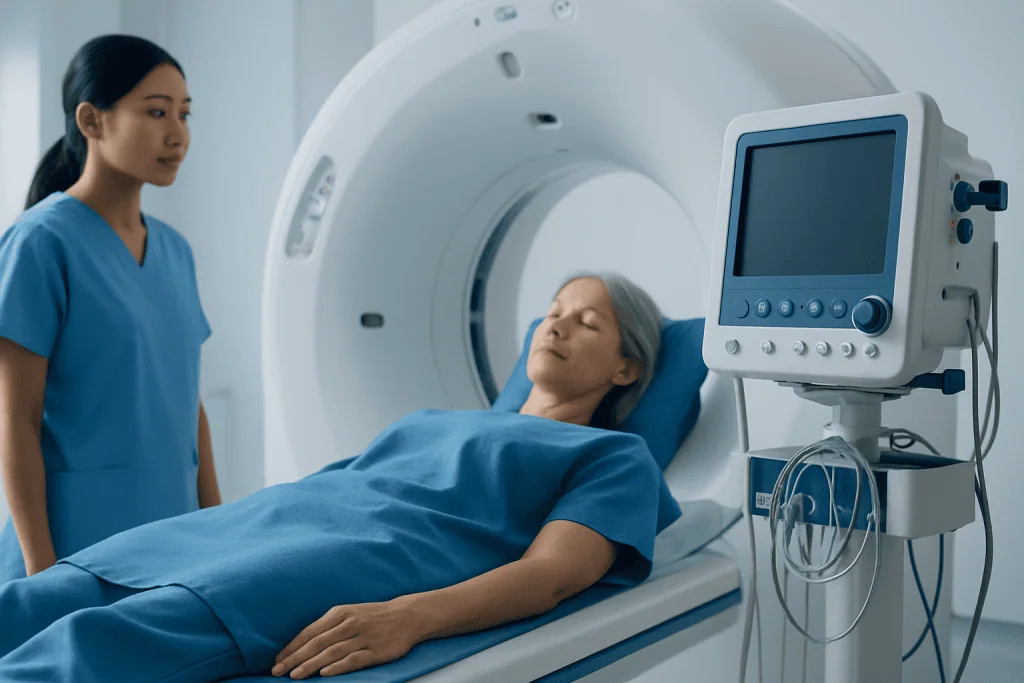 Patient undergoing MRI scan at Acibadem Hospital for advanced medical imaging.