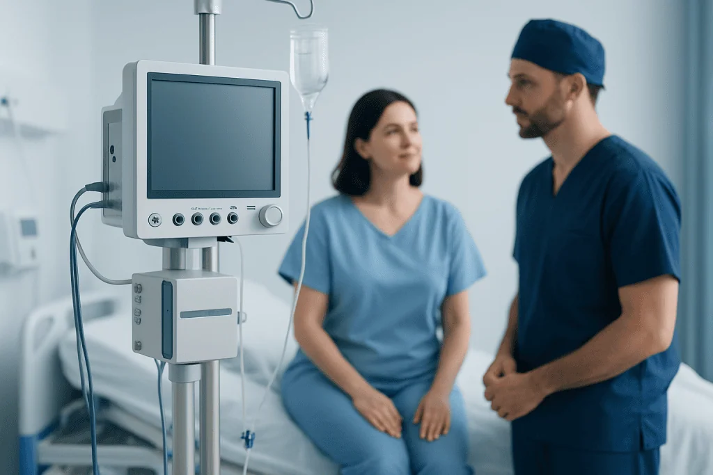 Medical professionals discuss patient care in hospital room with monitoring equipment.