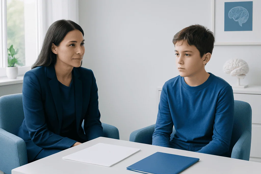 Child undergoing neuropsychological testing for ADHD and autism at a clinic.