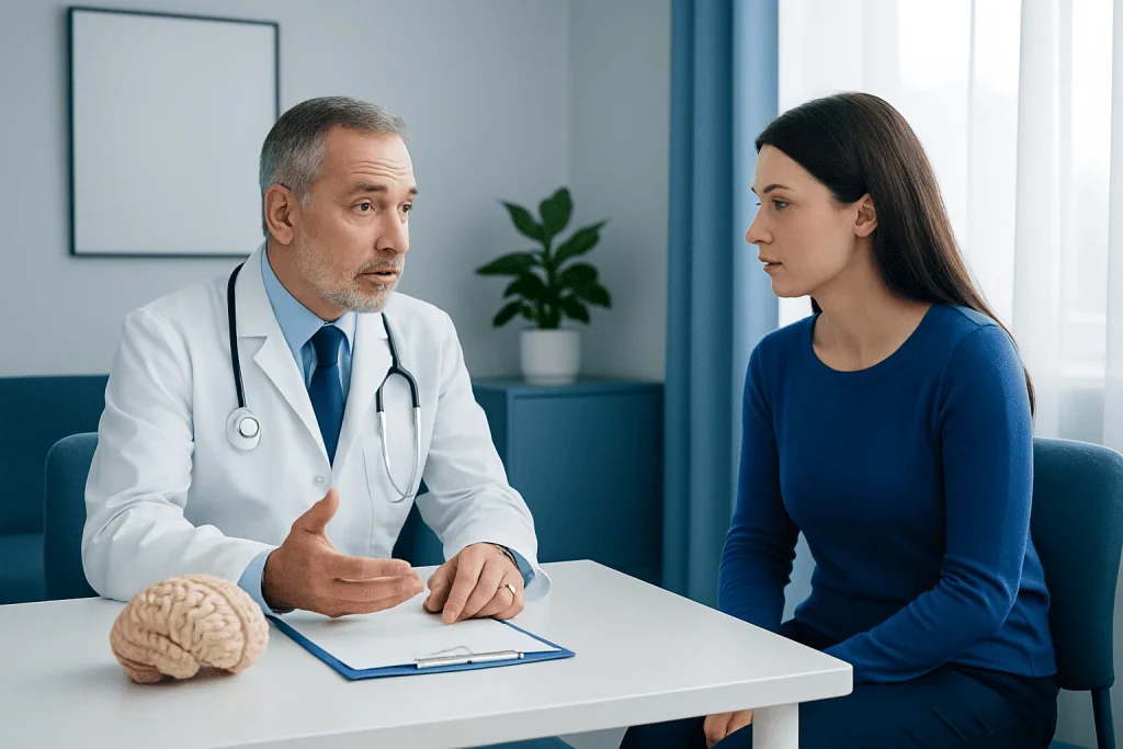 Doctor consulting with a young woman in a medical office.