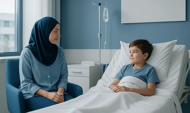 Mother and son in hospital room during rooming-in at Acibadem Hospital.