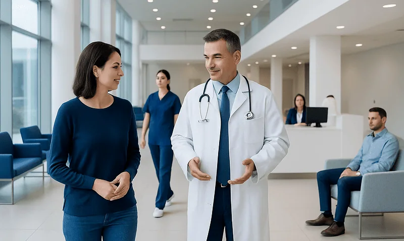 How Safe Is Treatment at Acibadem? 4 Doctor and patient talking in a modern hospital lobby.