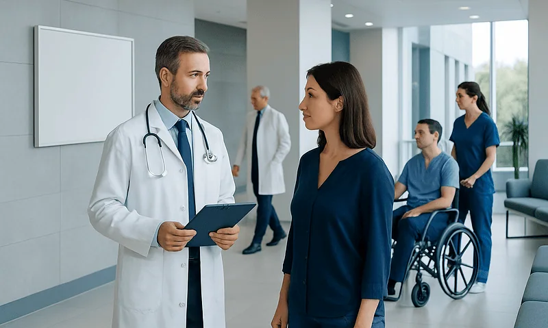 Doctor discussing patient care with nurse in hospital corridor.