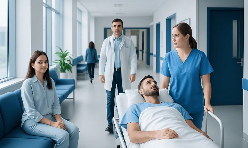 Hospital corridor with patient and medical staff preparing for sedation.