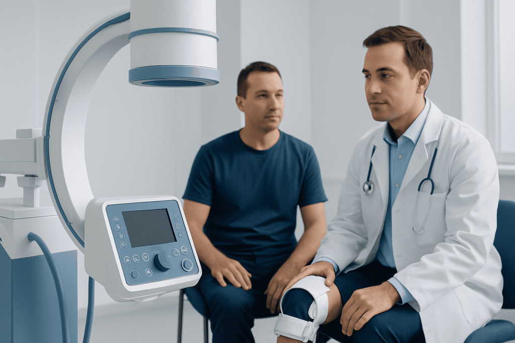 Doctor explains MRI procedure to patient in hospital setting.
