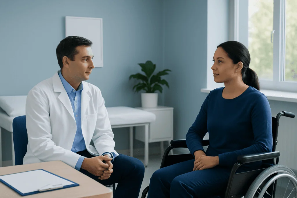Doctor consulting with a female patient in a wheelchair in a medical office.