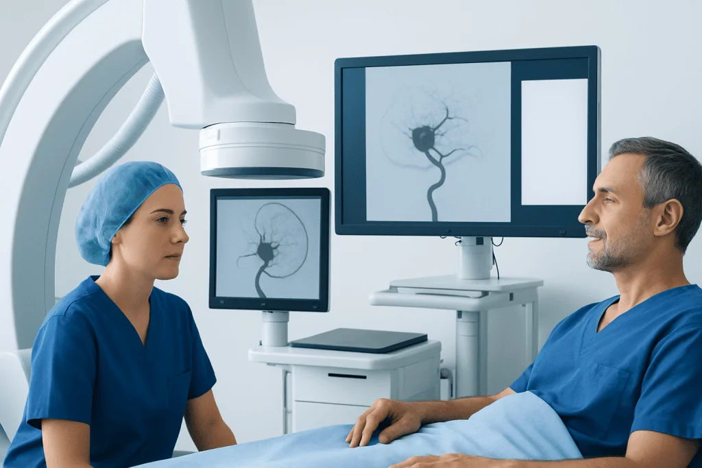 Medical professionals review brain aneurysm images on monitors in a hospital setting.