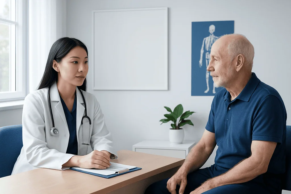 Doctor consulting with elderly patient in a medical office.