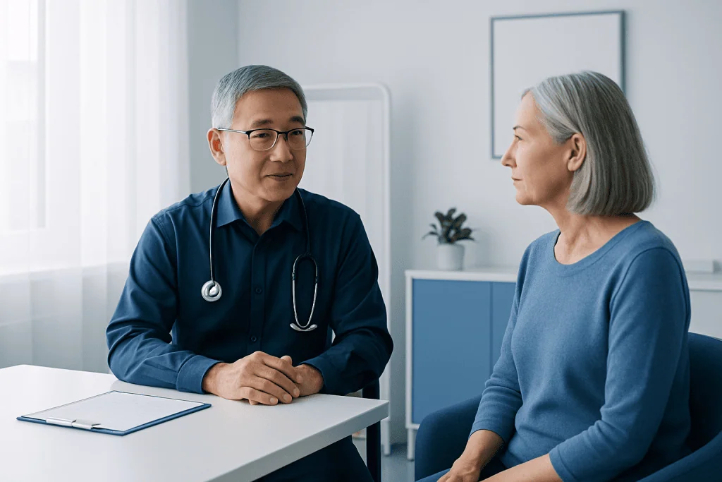 Doctor consulting with an elderly female patient in a modern clinic.