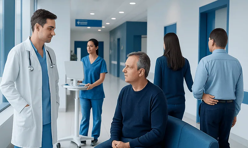 Hospital staff discussing patient care in a modern hospital corridor.
