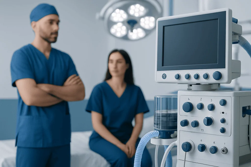 Medical professionals in an operating room with advanced equipment.