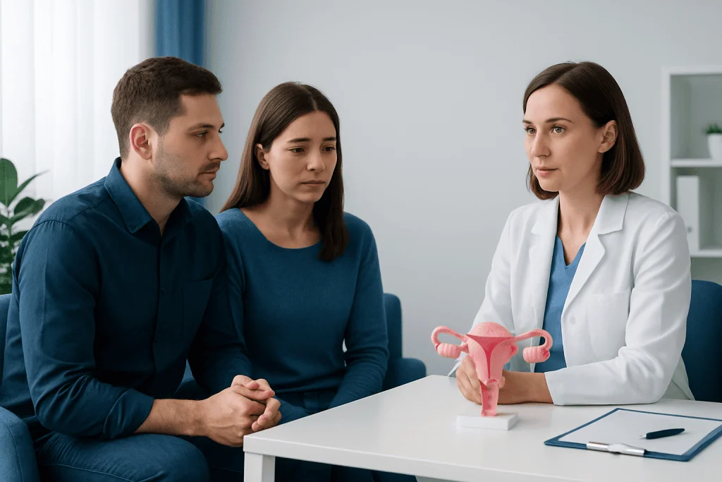 Doctor explaining fertility options to a couple in a consultation room.