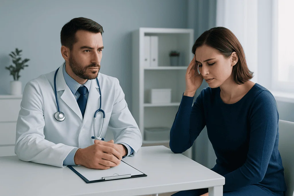 Doctor consulting with a woman patient about headache symptoms.