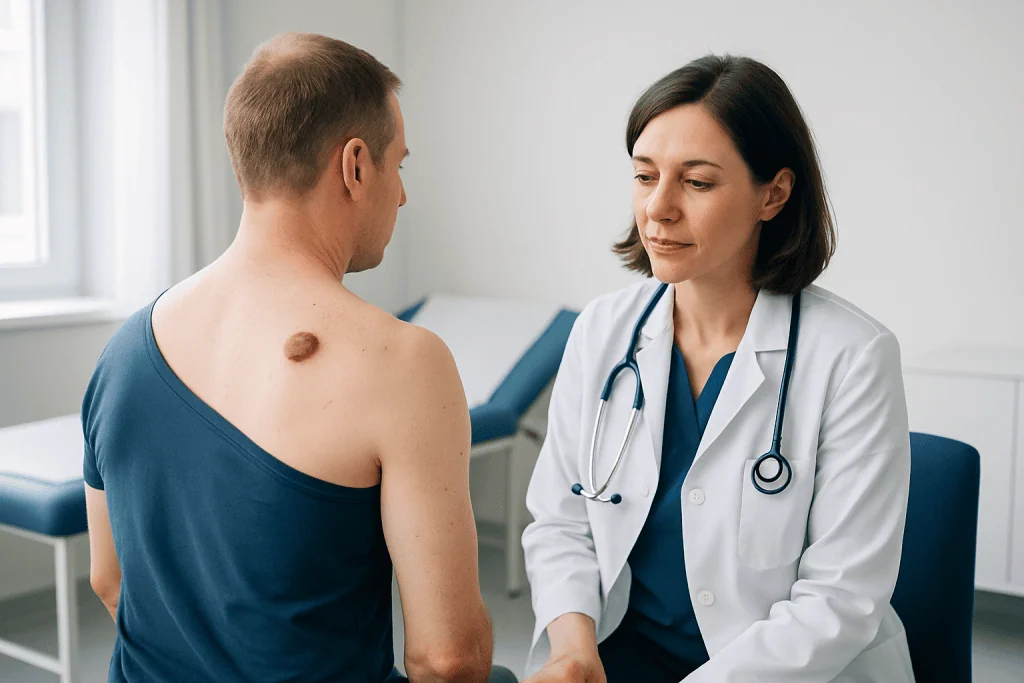 Doctor examining a mole on a patient's back in a clinical setting.