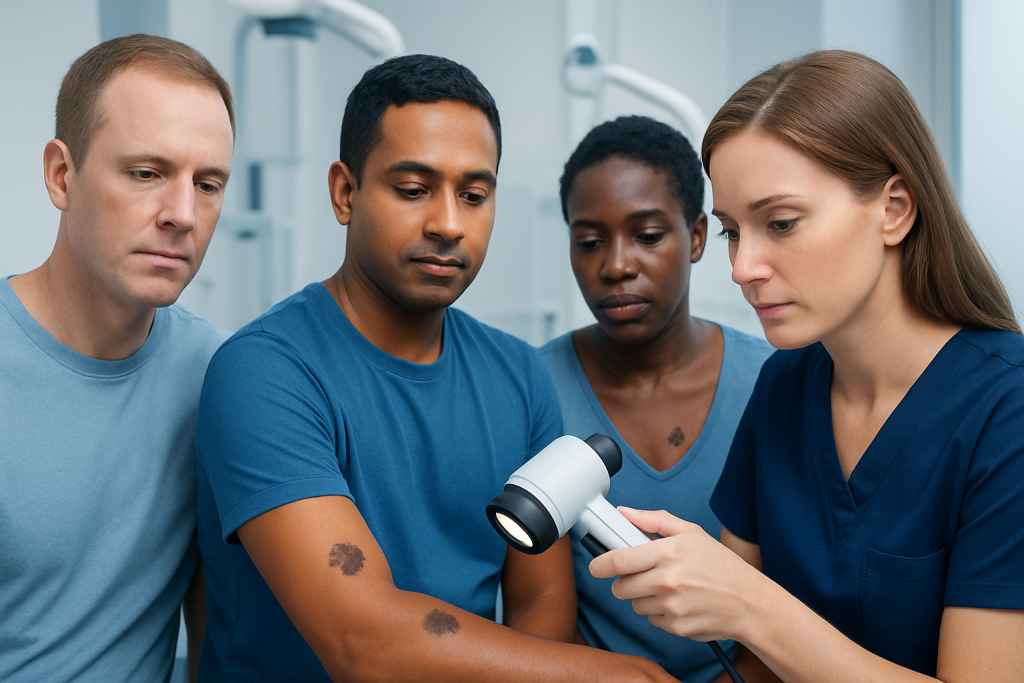 Medical professionals examining skin moles for skin cancer detection.