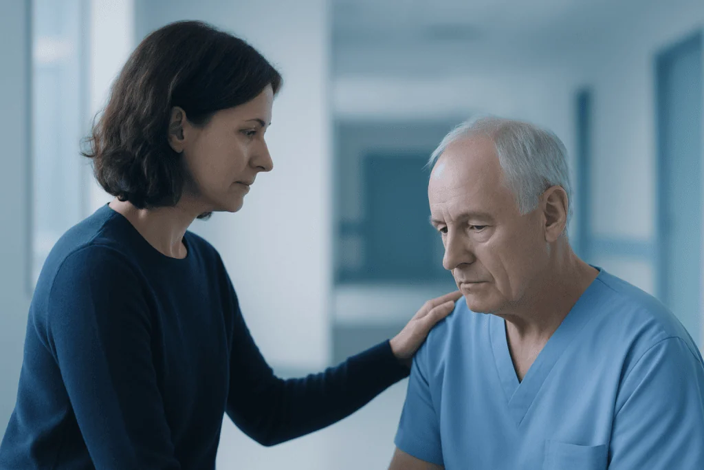 What Specialists Want Patients to Know About Kidney Transplant Recovery Using Evidence Based Medicine 1 Compassionate healthcare professional comforting a patient in hospital corridor.