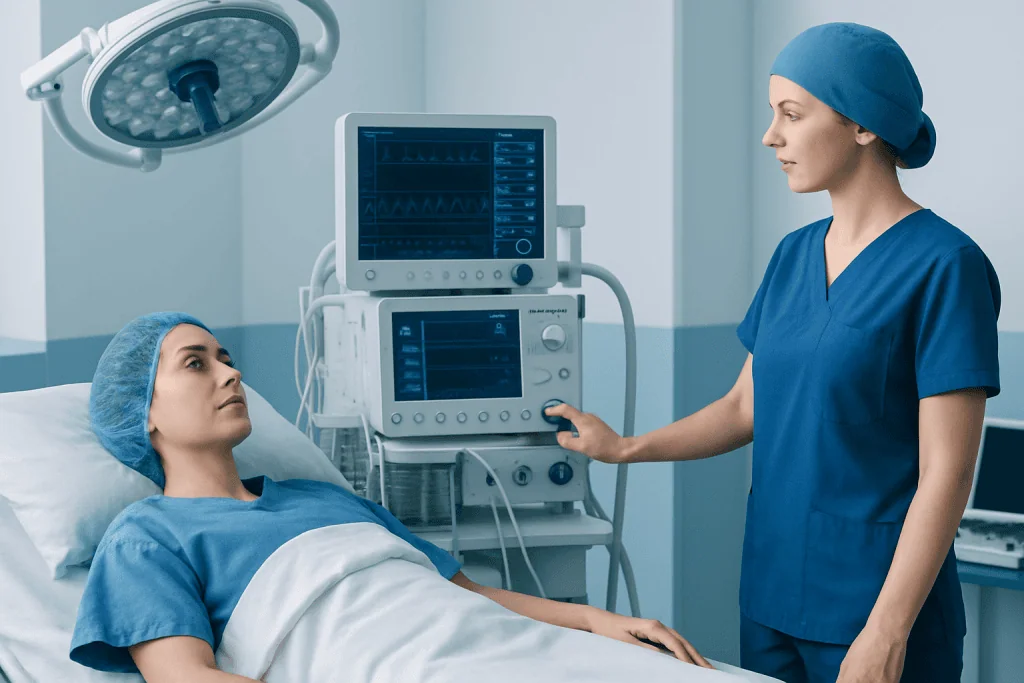 Medical professional monitoring patient in hospital room with medical equipment.