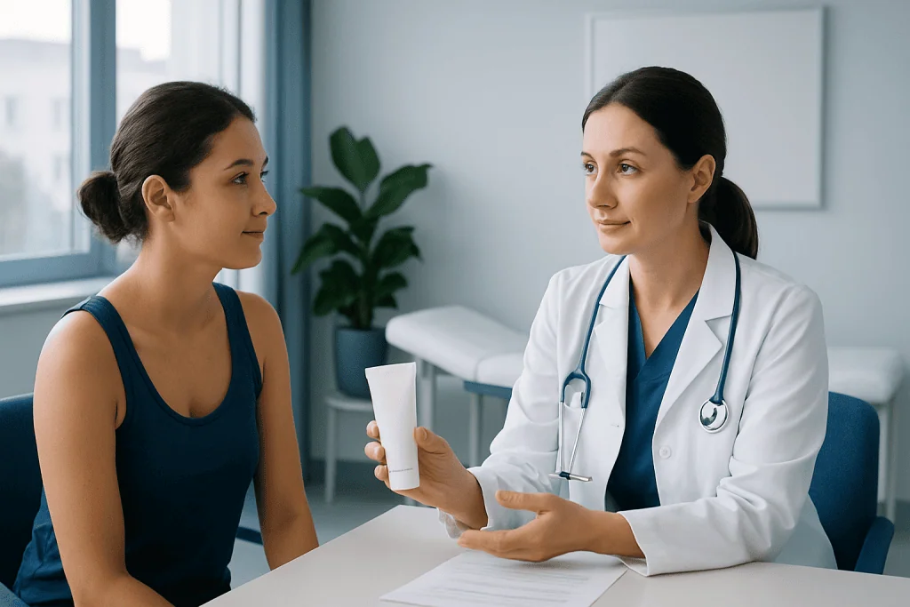 Doctor explaining skincare to young woman in clinic setting.