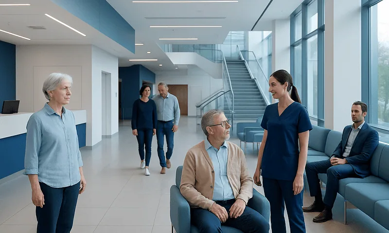 How Acibadem Supports You After Treatment Abroad 10 Patients and staff in a modern hospital lobby with large windows and seating areas.