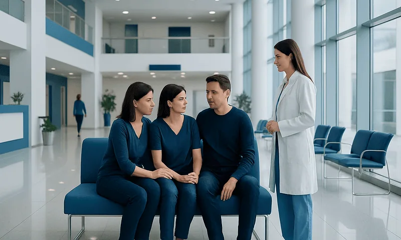 Family and medical staff in a hospital waiting area at Acibadem Hospitals Group.