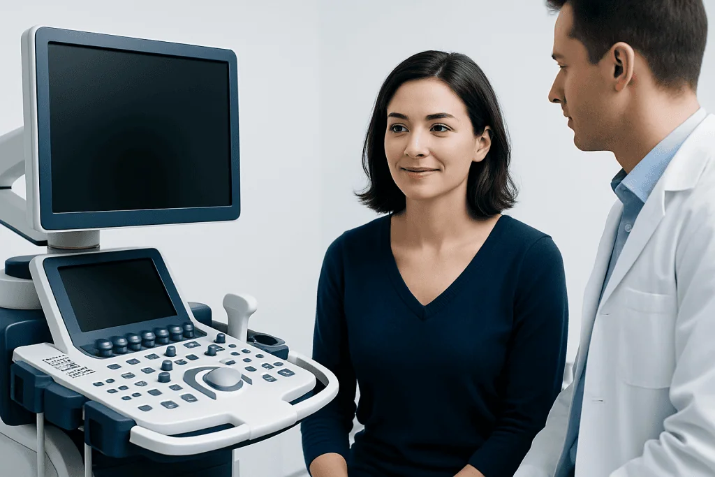 Doctor and patient in a medical consultation with ultrasound equipment.
