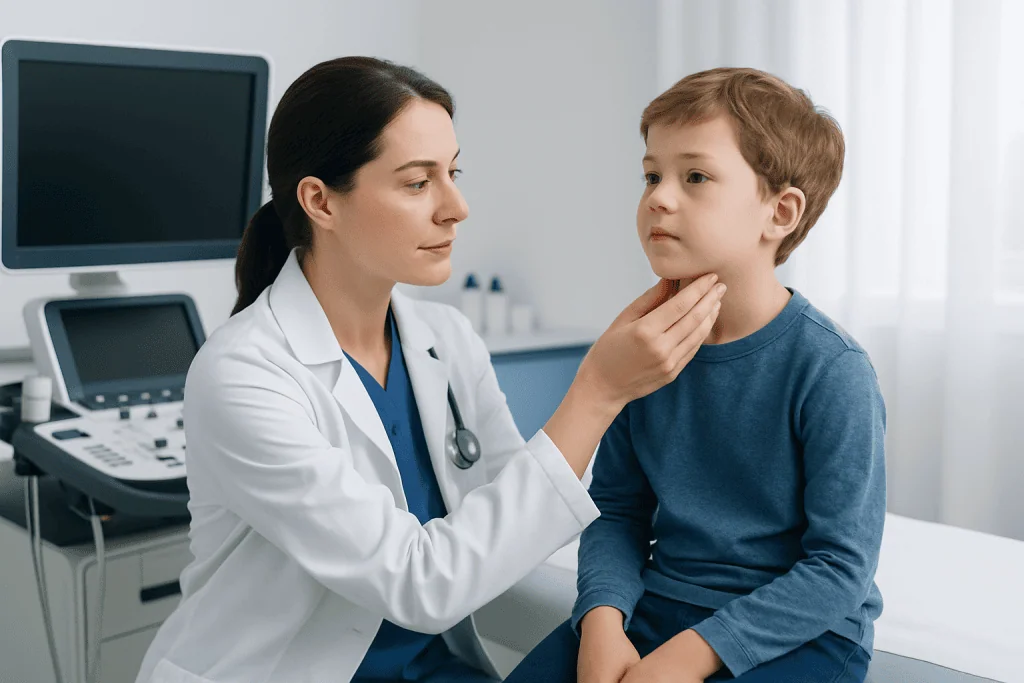 Pediatric doctor examining a child's neck for swollen lymph nodes.