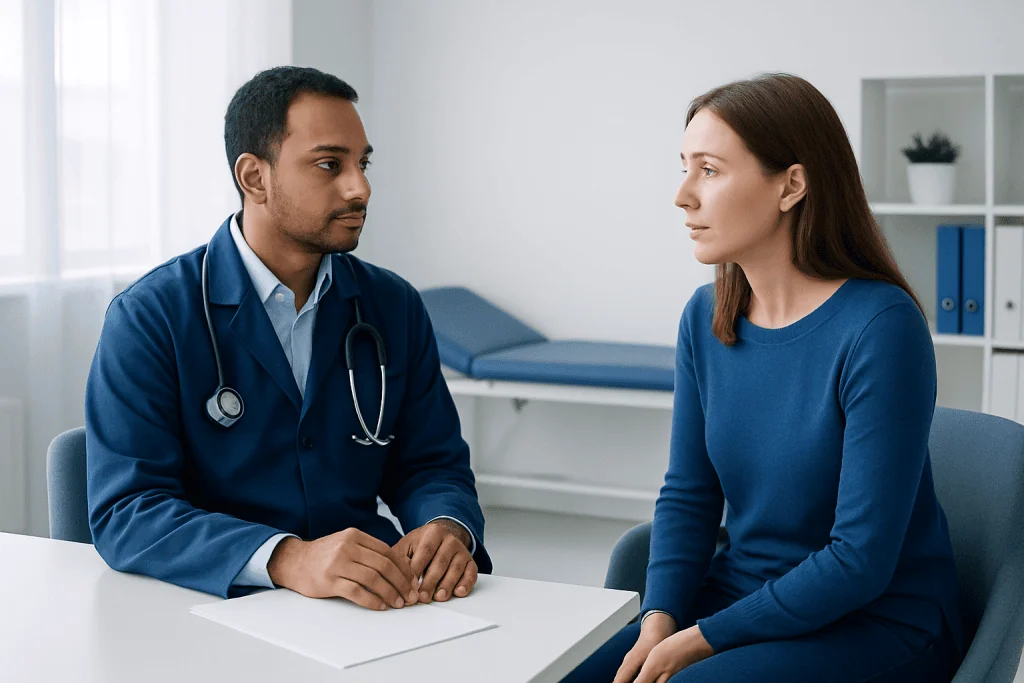 Doctor consulting with female patient in a medical office.
