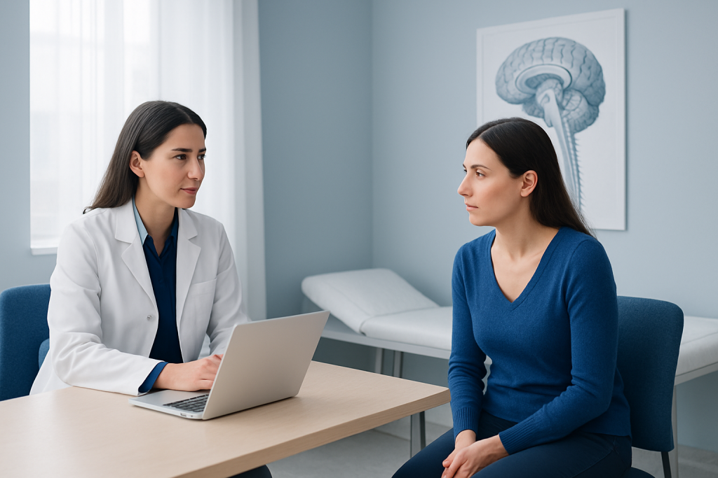 Doctor consulting with patient in a neurology clinic setting.