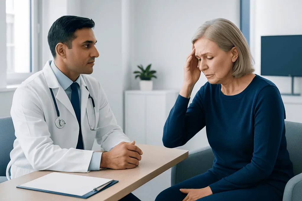 Doctor consulting with a worried female patient in a hospital office.
