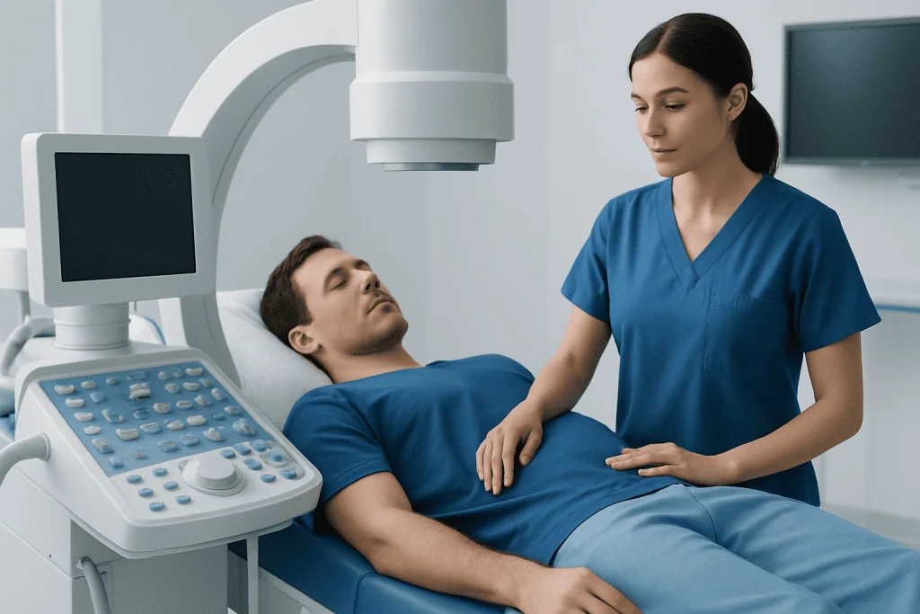 Urologist preparing patient for shock wave lithotripsy procedure at hospital.