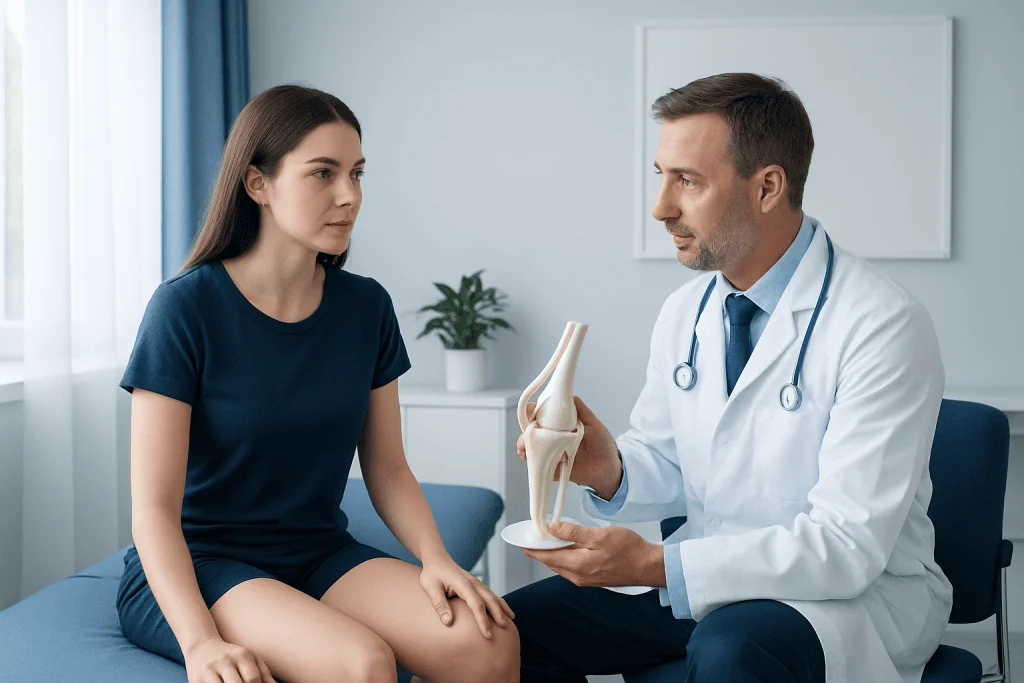 Orthopedic doctor explaining knee anatomy to a patient in a consultation room.