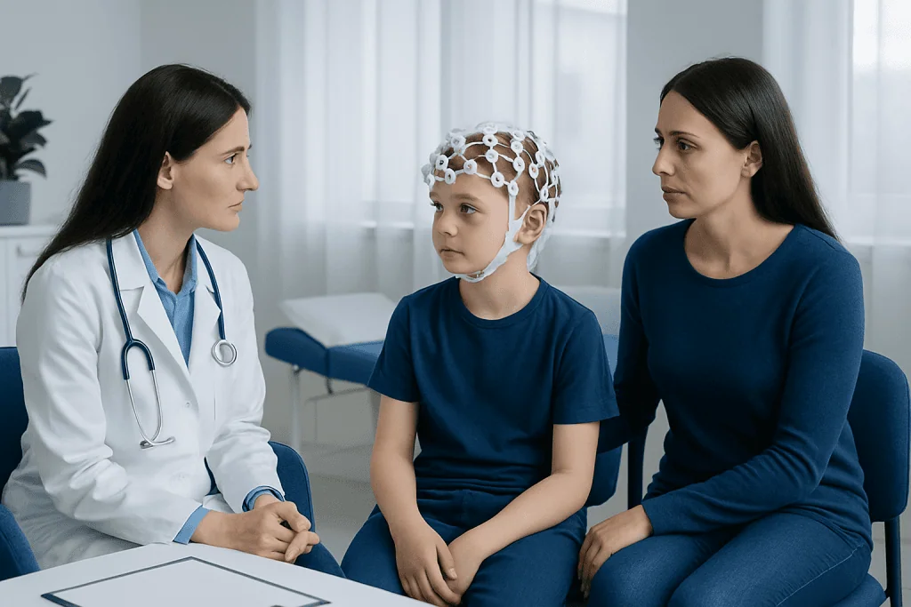 Child undergoing EEG brain wave test with doctor and mother present.