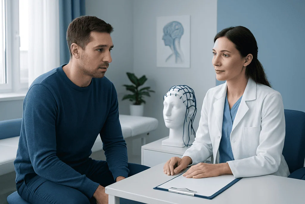 Neurophysiologist consulting with patient in a clinical setting.