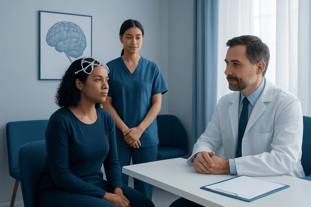 Doctor consulting with a patient and nurse in a medical office.